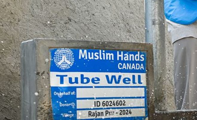 The Muslim Hands plaque on the tube well, reading Rajan Pur 2024